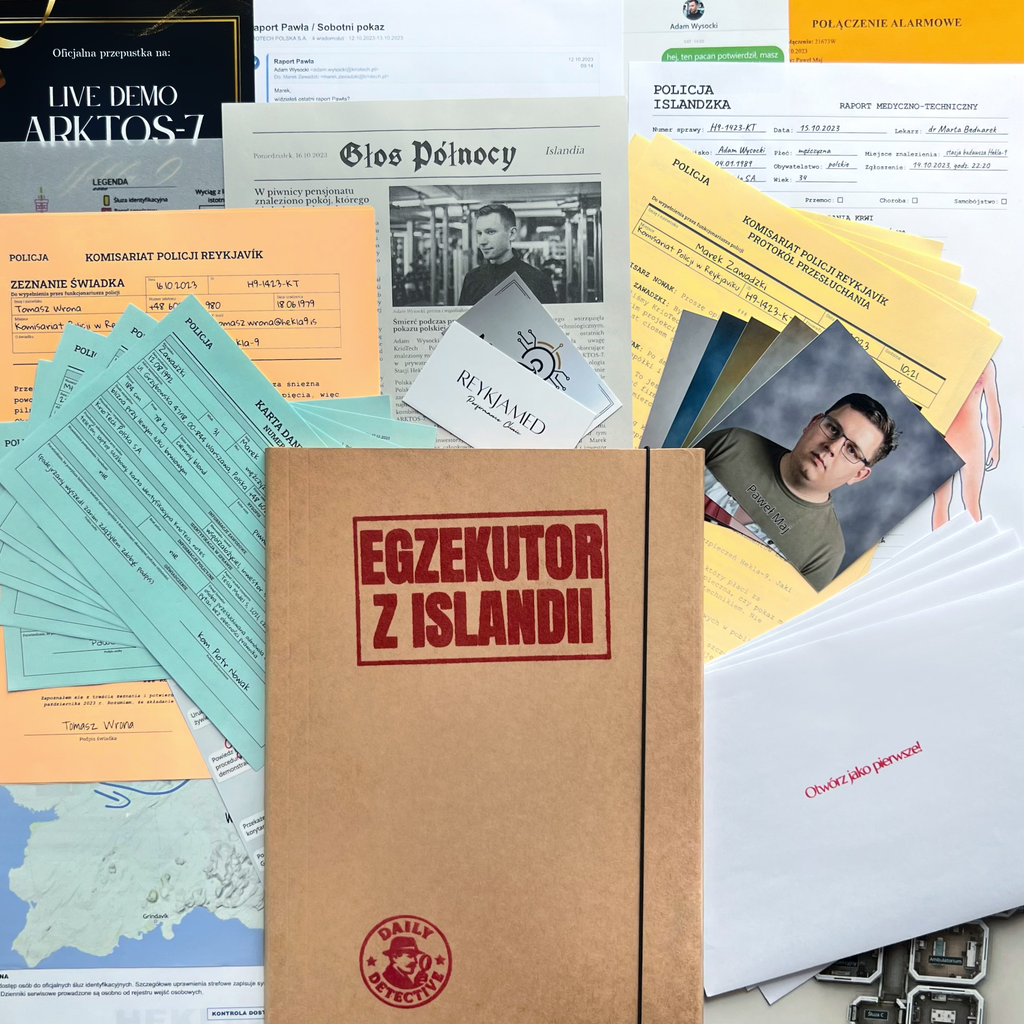 Teczka „Egzekutor z Islandii” wśród raportów, map i materiałów śledczych